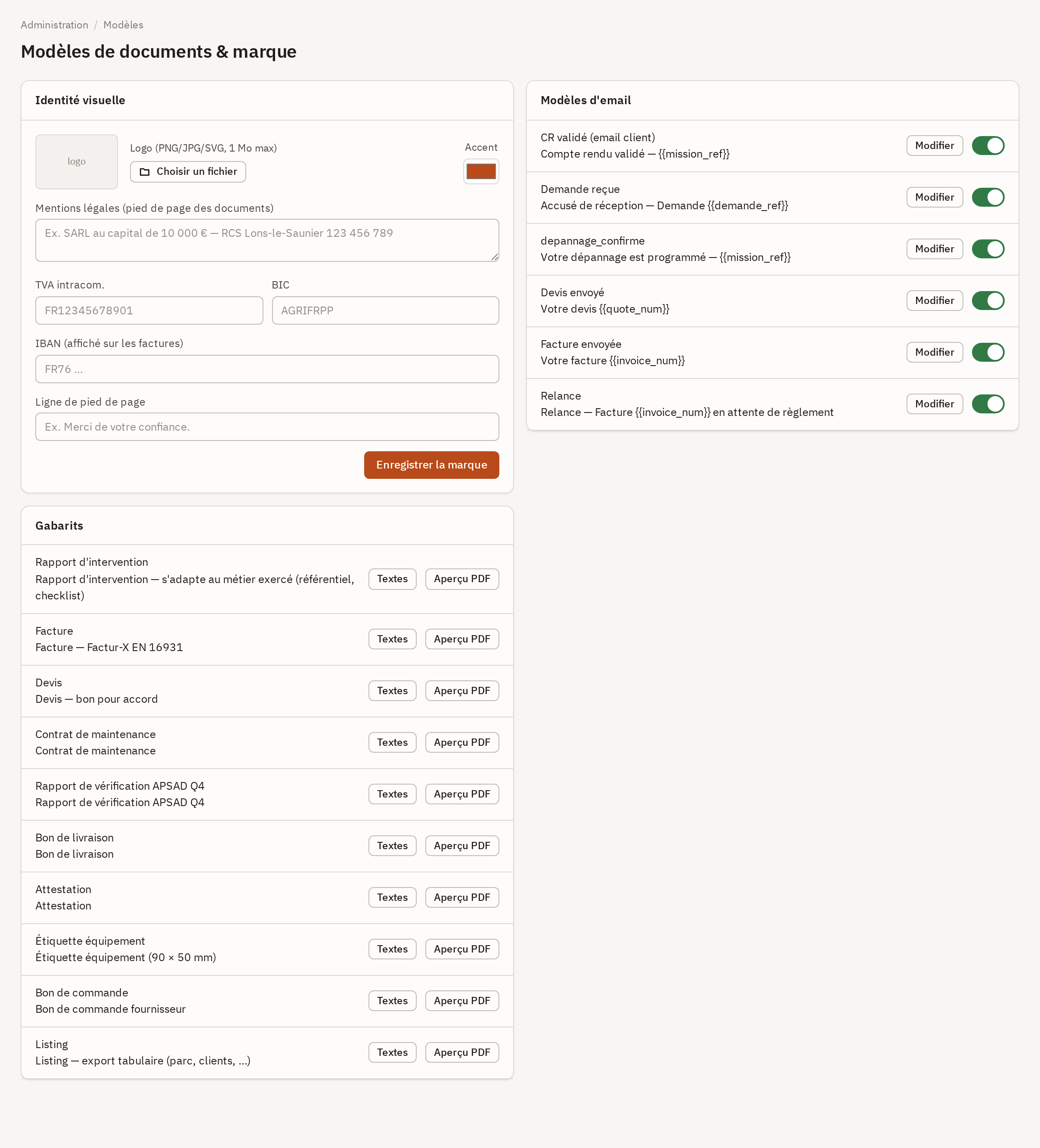 Écran Modèles de documents et marque : la carte Identité visuelle avec logo et accent, la liste des gabarits et les modèles d'email.