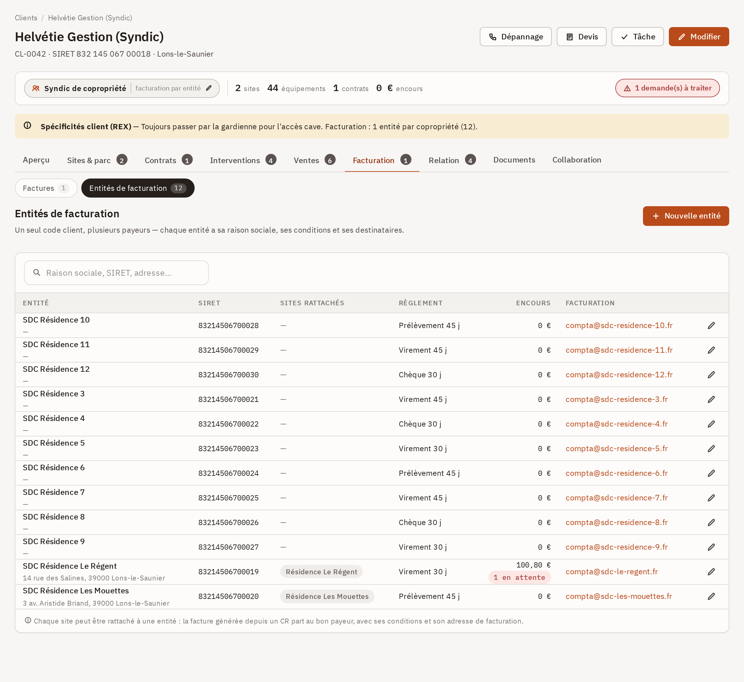 Sous-onglet Entités de facturation : le tableau des payeurs avec leur SIRET, leurs sites rattachés, leurs conditions de règlement et leur encours.