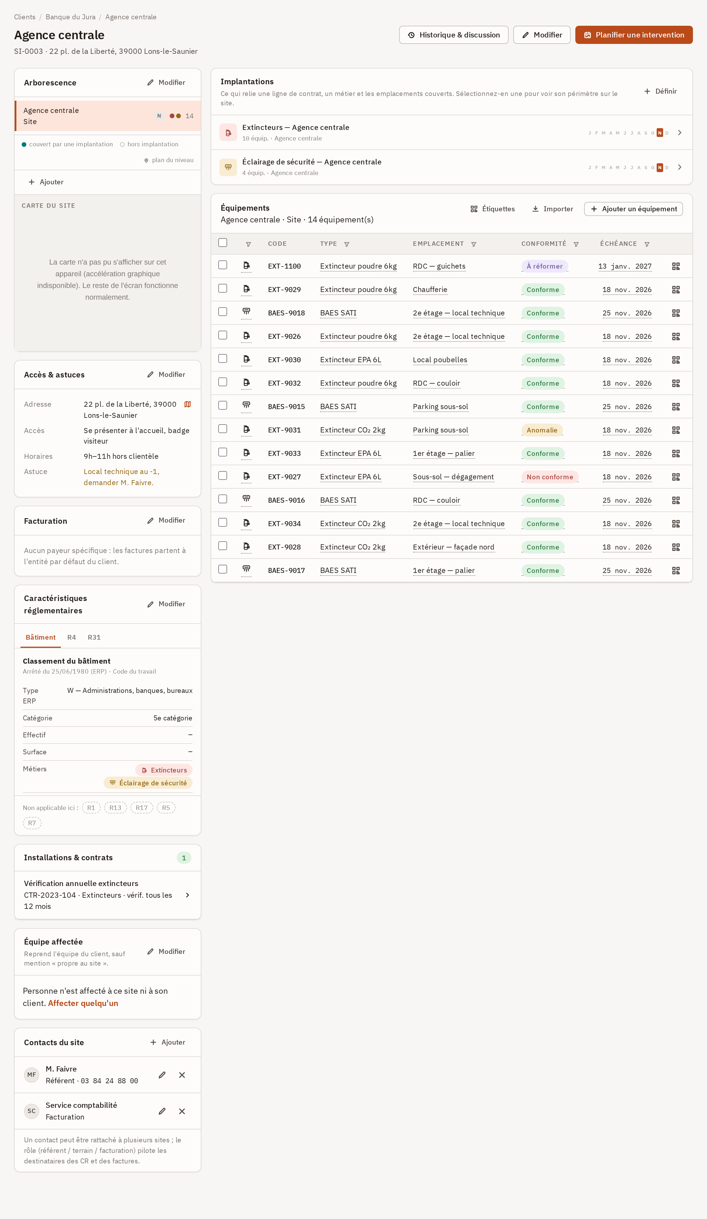 Fiche d'un site : l'arborescence des niveaux à gauche, les caractéristiques réglementaires, les implantations et le tableau des équipements.