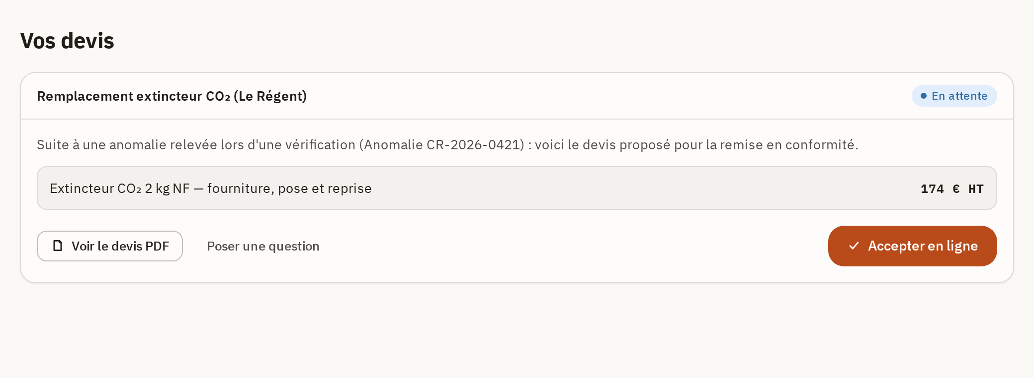 Devis à accepter en ligne.