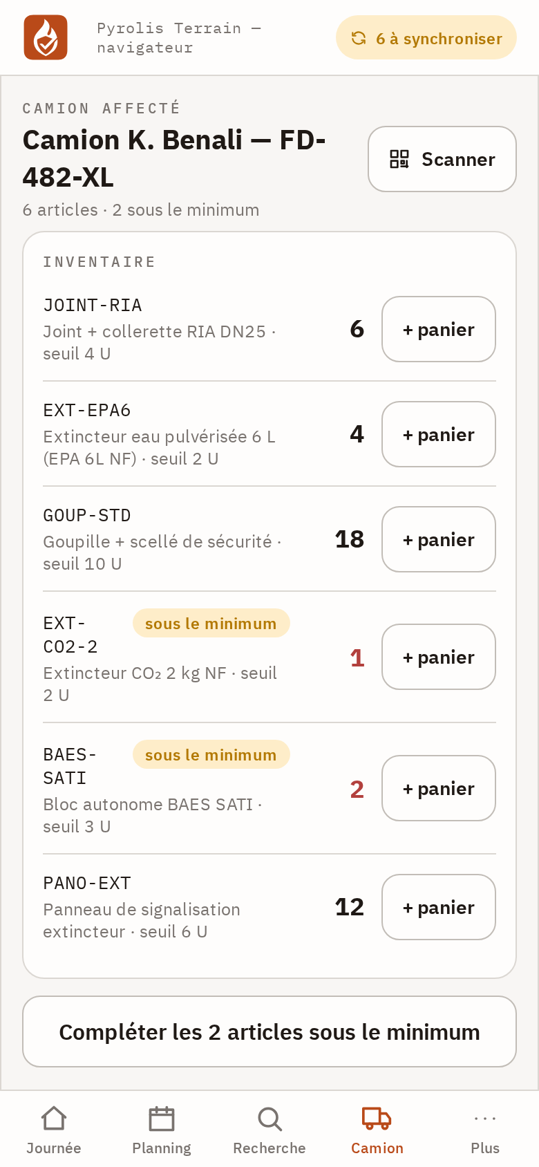 Écran Mon camion : l'en-tête du camion affecté, l'inventaire avec les pastilles sous le minimum et le bouton Compléter les articles sous le minimum.