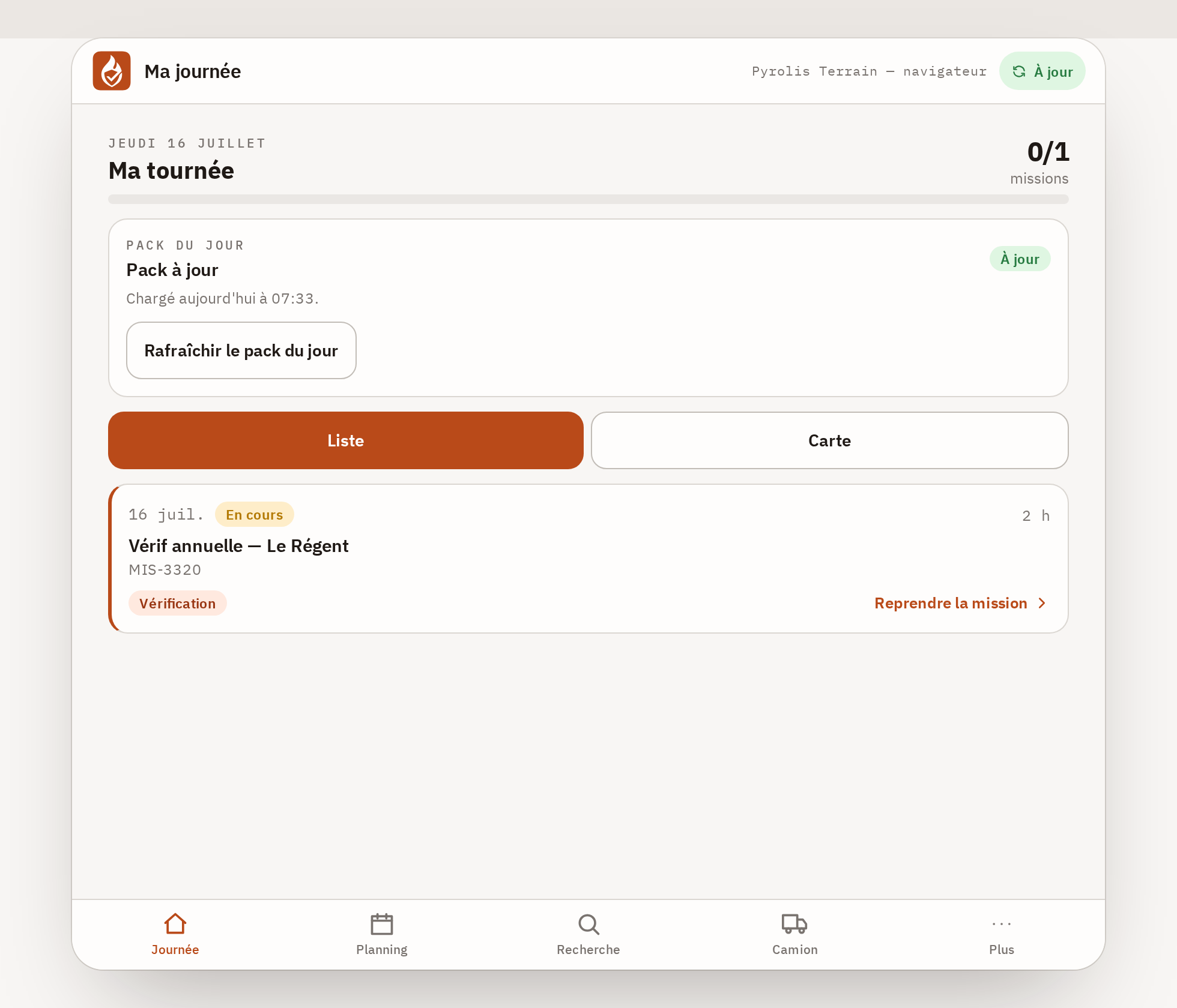 App technicien Pyrolis sur tablette — écran « Ma tournée »