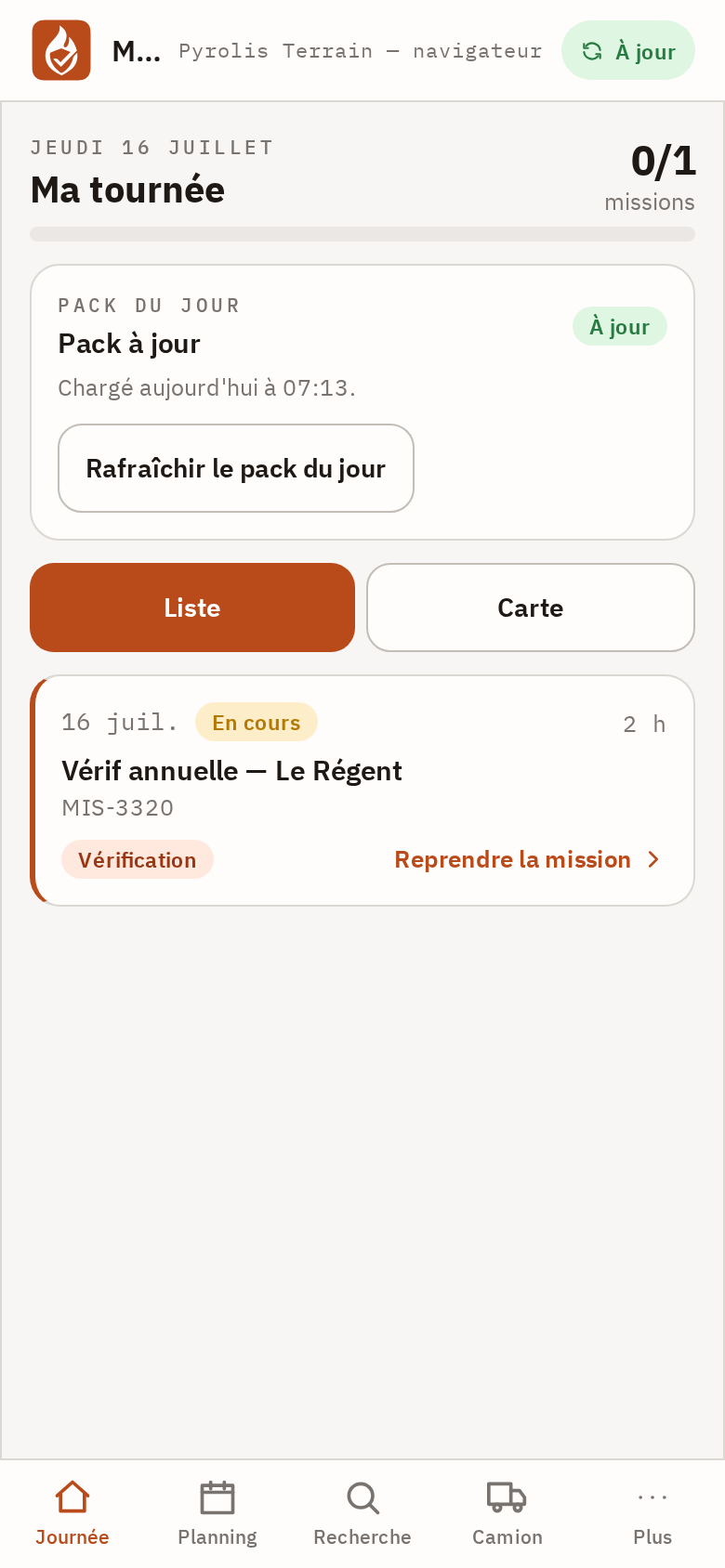 Écran Ma tournée : le compteur de missions, la carte du pack du jour, la bascule Liste / Carte et la carte d'une mission en cours.