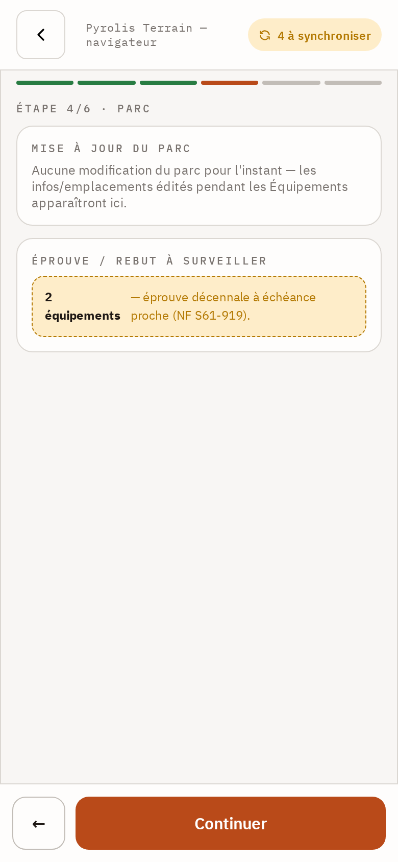Étape Parc d'une mission : le bloc de mise à jour du parc et le bandeau Éprouve / rebut à surveiller.