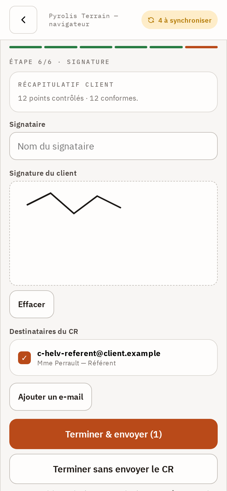 Signature client multi-destinataires : 12 contrôlés · 12 conformes.